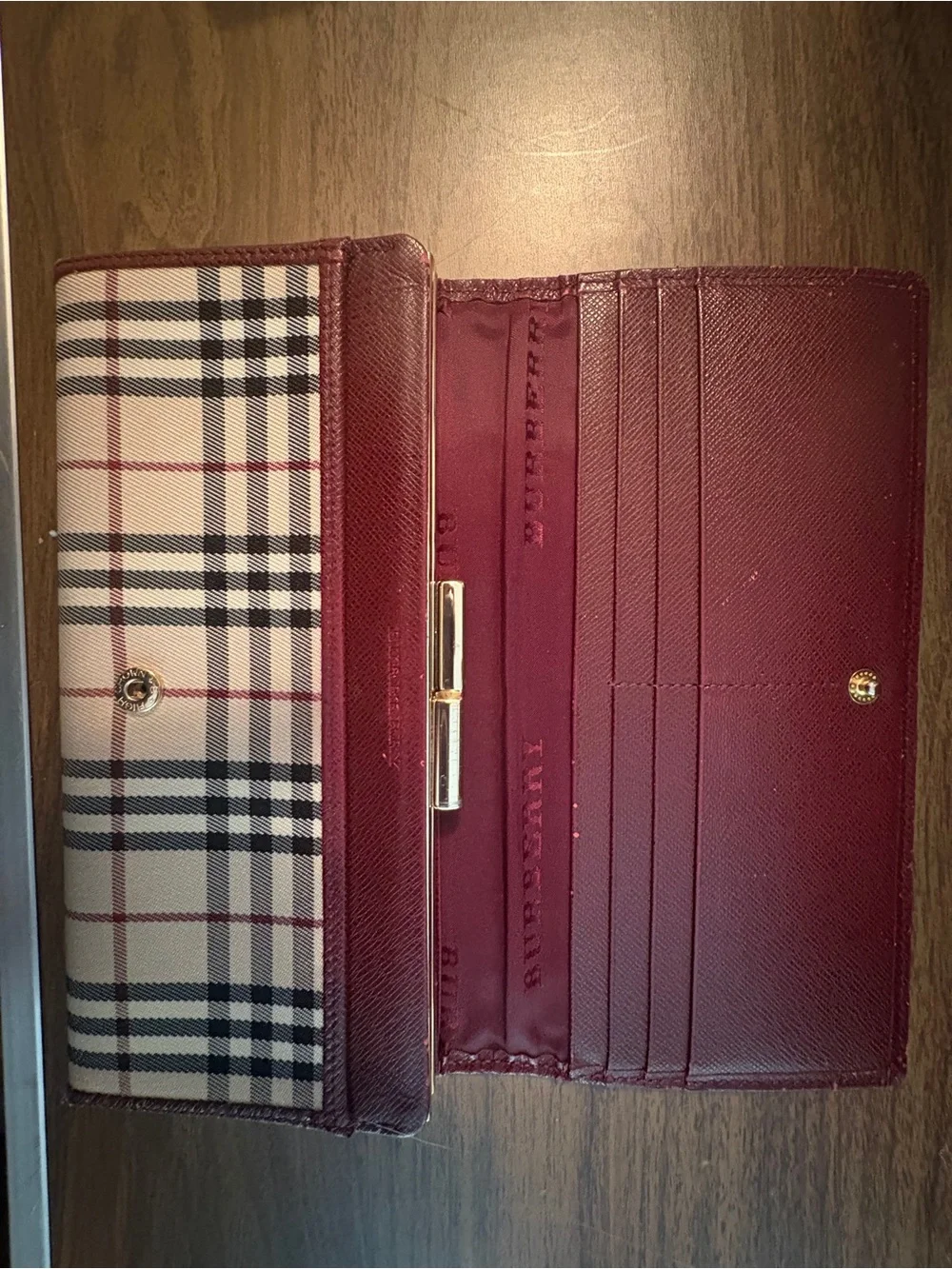 Burberry Beige Nova Check Card Holder with Burgundy Trim
